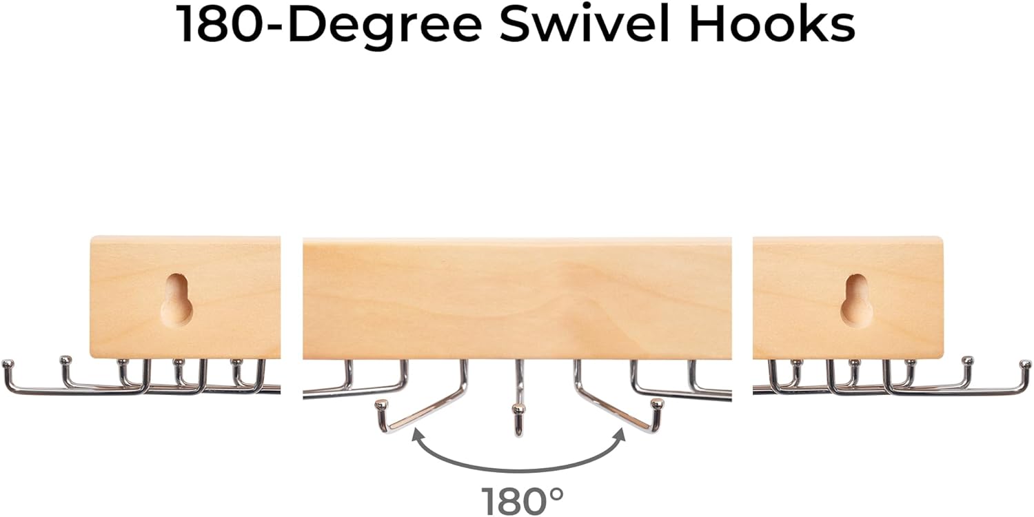 Tie Rack with Hooks, Wall-Mounted Wooden Hangers