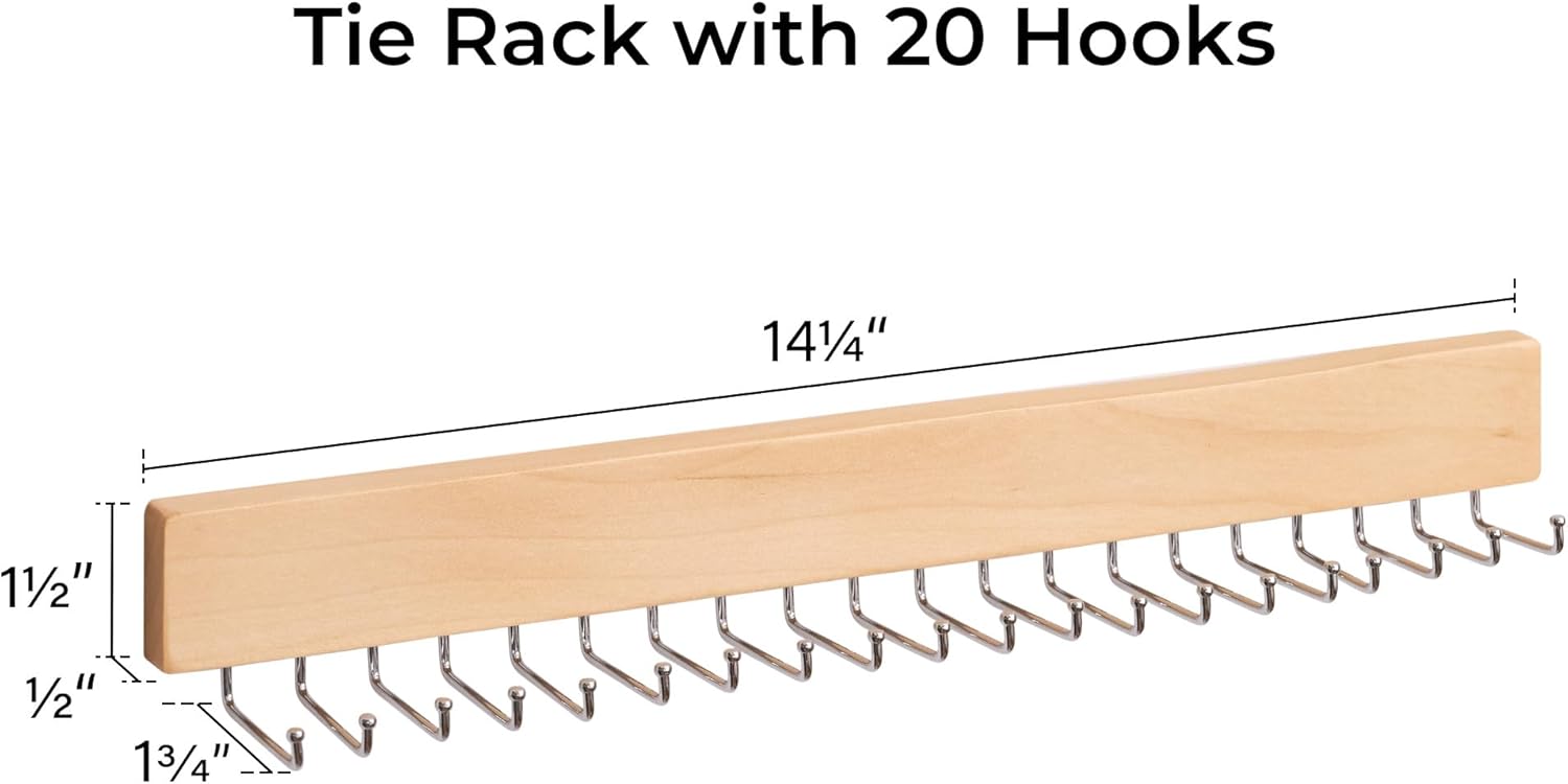 Tie Rack with Hooks, Wall-Mounted Wooden Hangers