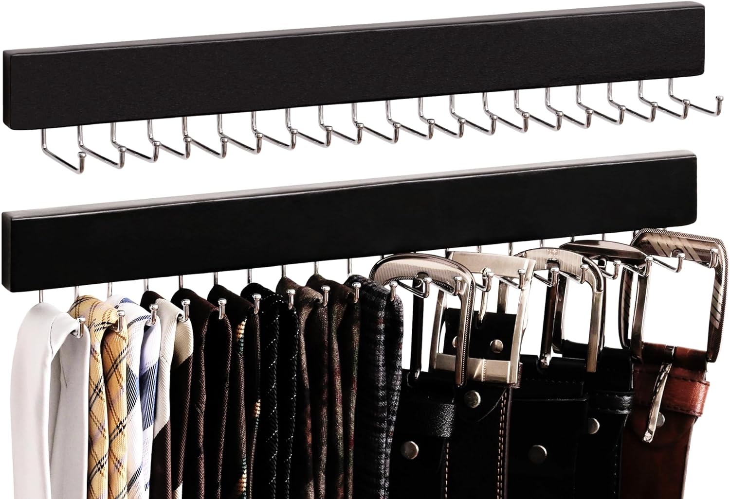 Tie Rack with Hooks, Wall-Mounted Wooden Hangers