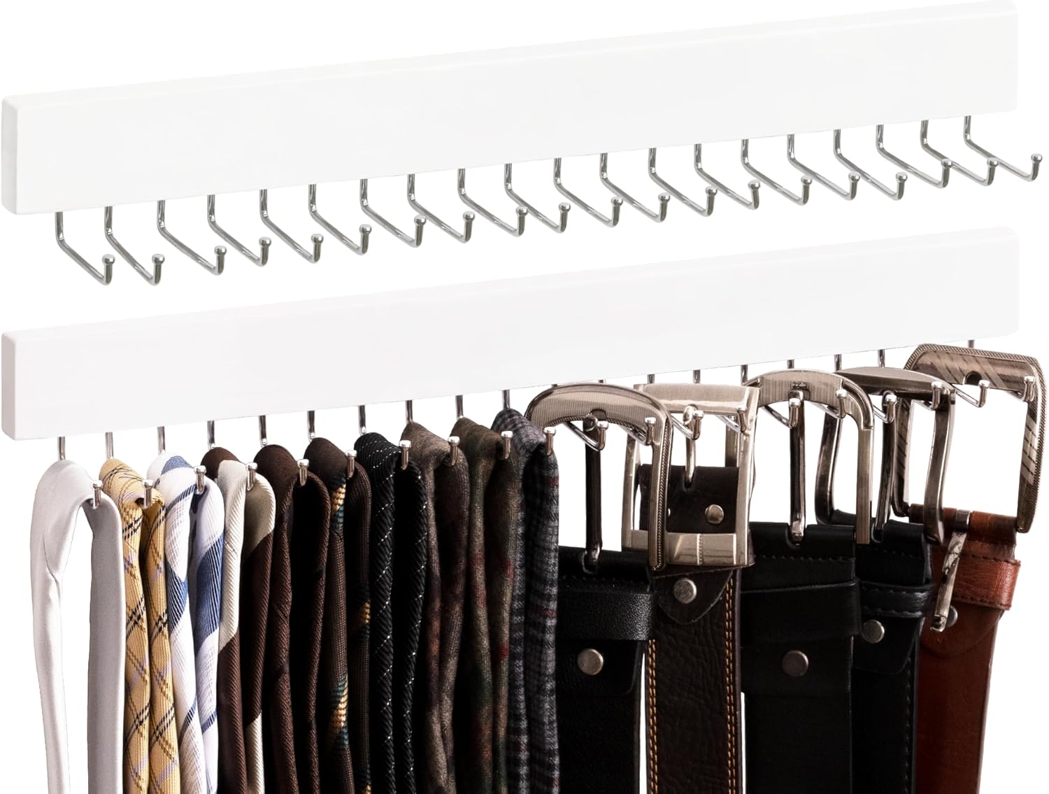 Tie Rack with Hooks, Wall-Mounted Wooden Hangers