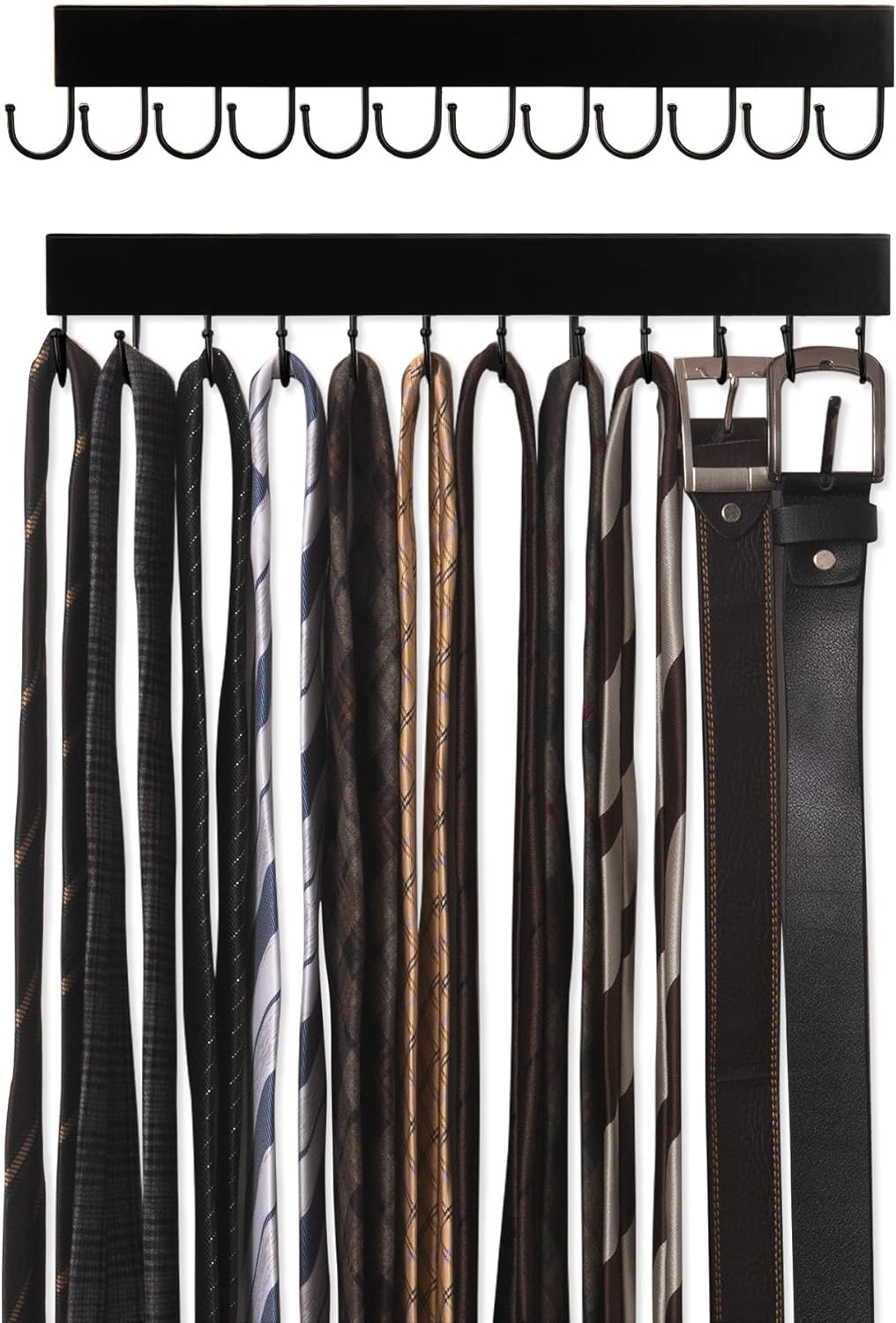 Tie Rack with Hooks, Wall-Mounted Wooden Hangers