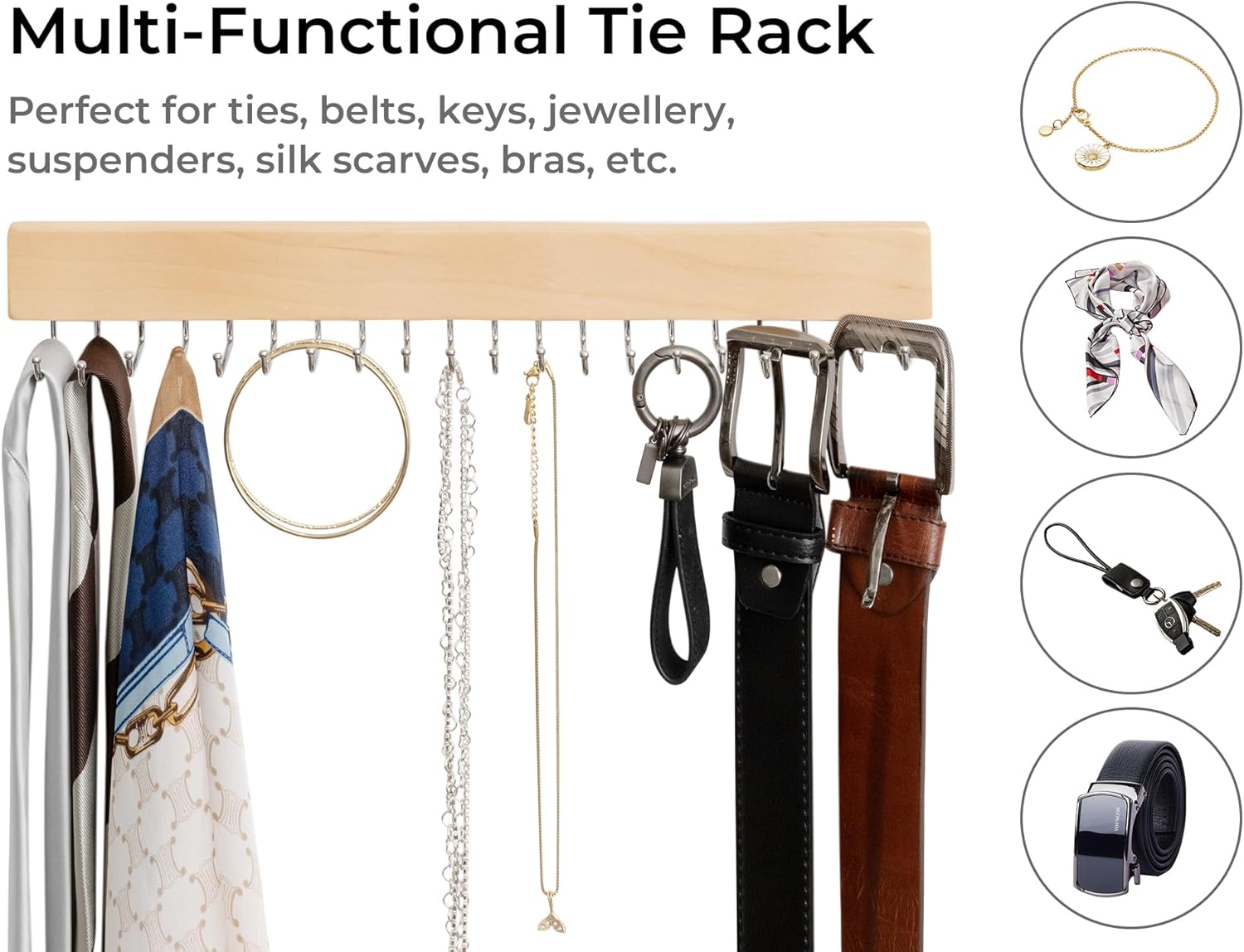 Tie Rack with Hooks, Wall-Mounted Wooden Hangers
