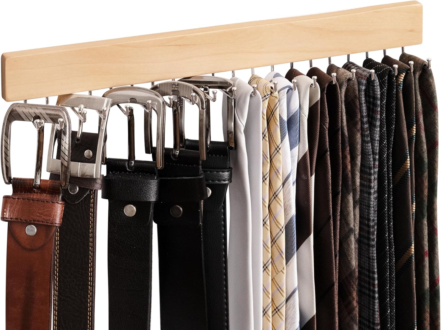 Tie Rack with Hooks, Wall-Mounted Wooden Hangers