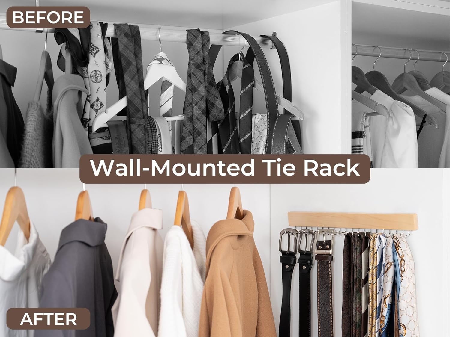 Tie Rack with Hooks, Wall-Mounted Wooden Hangers