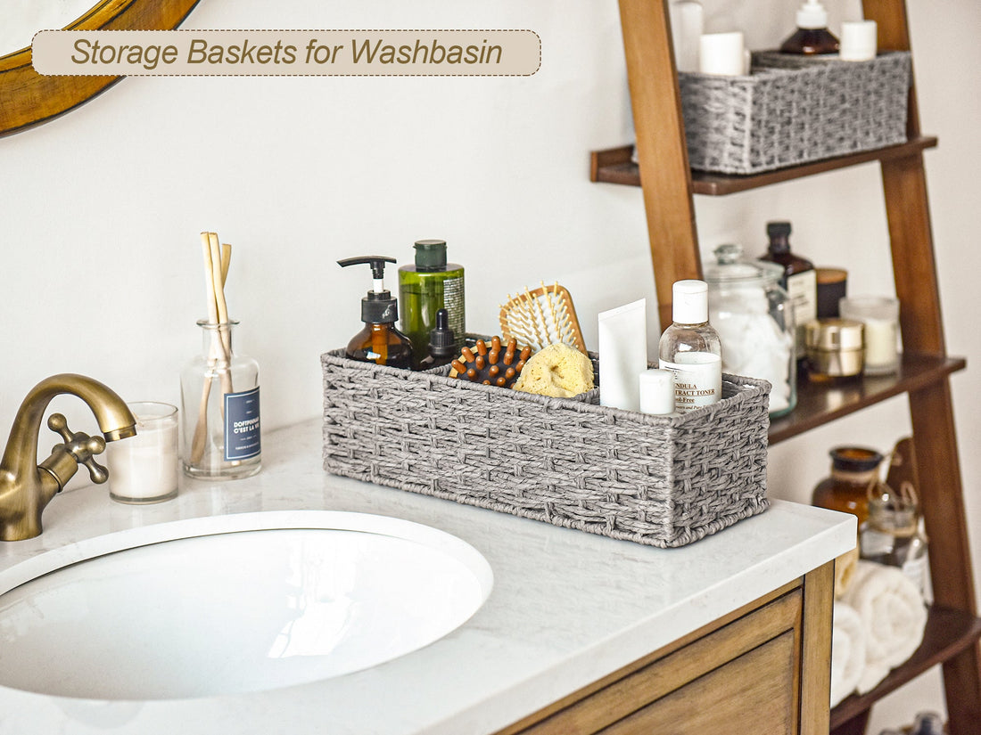 Wicker Toilet Basket Tank Topper, 3-Section Storage Baskets, 2-Pack