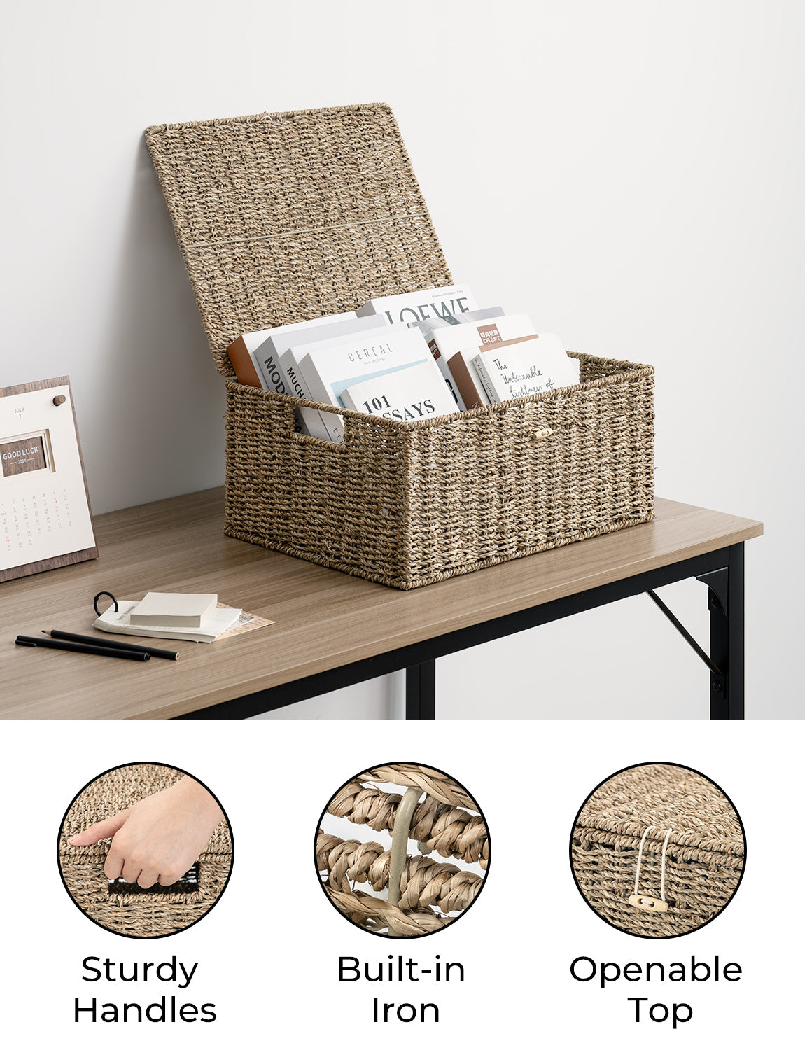 Wicker Basket with Lid and  Built-in Handles, Storage Basket for Organizing